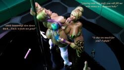 3d blonde_hair futanari hairbun heterochromia ivy_(psychoheaven) leopard_print nixmare_(artist) pasties pole pole_dancing squatting stella_(psychoheaven) sucking sucking_penis text