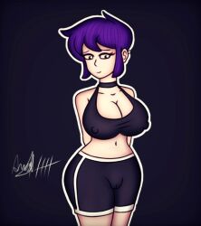 1girls angelindieart14 black_clothing breasts collar female female_only gothic gothic_girl huge_breasts nervous nipples_visible_through_clothing pink_body purple_hair self_upload shorts smile valbun valbun_(oc)