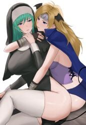 2girls alternate_costume arm_around_shoulders ass bare_thighs big_ass blonde_hair blue_eyes blue_panties breasts butt_crack demon_girl female female_only fingerless_gloves fire_emblem fire_emblem:_radiant_dawn gloves green_hair halloween halloween_costume heather_(fire_emblem) hug large_breasts long_hair looking_at_another looking_back multiple_girls nephenee_(fire_emblem) nintendo nun oyatsu_0 panties pelvic_curtain sideboob sitting smile succubus tail thighhighs thighs underwear very_long_hair yuri