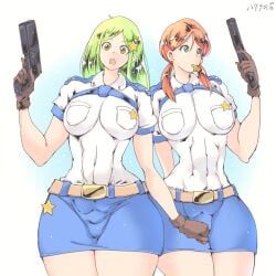 2girls big_breasts breasts cop female green_hair gun hataraki_ari multiple_girls police police_officer police_uniform policewoman red_hair