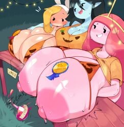 3girls adventure_time big_breasts blush breast_expansion breast_grab breast_rest bulumble-bee cleavage dot_eyes fionna_the_human_girl flask gigantic_breasts grin huge_breasts hyper hyper_breasts if_you_see_this_tag_you're_dumb_xd large_areolae marceline massive_breasts outdoors pink_body pink_hair pink_skin princess_bubblegum table teenager