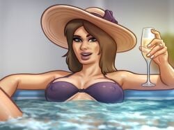 1girls 2d areolae big_breasts bikini bikini_top breasts brown_hair cleavage darkcookie digital_drawing_(artwork) digital_media_(artwork) erect_nipples glass hat headwear holding holding_drink holding_object jacuzzi light-skinned_female light_skin long_hair looking_at_viewer melonia_(summertime_saga) milf nipples nipples_visible_through_clothing presenting presenting_breasts smile smiling solo solo_focus summertime_saga sunhat water wine wine_glass