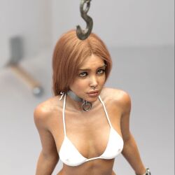 agan_medon bikini bikini_top bondage bondage_collar bondage_furniture collar dungeon female female_only helpless hook hooks metal_collar nose_ring piercing restrained_arms restraints scared scared_expression torture_chamber