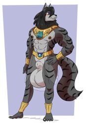 a-side abs anthro balls big_balls black_hair canid canine canis clothing egyptian_clothing felid genitals hair hi_res huge_balls hybrid hyper hyper_balls hyper_genitalia male mammal muscular muscular_male pantherine purple_eyes solo stripes tiger wolf wolfger