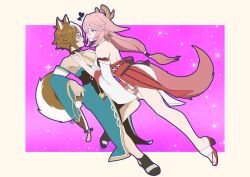 1boy 1girls animal_ears assertive_female crossdressing crossdressing_male dog_ears dog_tail face-to-face female genshin_impact gorou_(genshin_impact) heart leaning_on_person male pink_hair pushing pushing_down surprised tail yae_miko