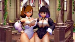 2girls 3d 3d_(artwork) big_breasts black_bunny_ears black_bunnysuit black_eyes black_hair black_legwear black_leotard breasts brown_hair bunny_costume bunny_ears bunny_girl bunnygirl bunnysuit hilda_(series) huge_breasts johanna_(hilda) kaisa_(hilda) koikatsu large_breasts legwear leotard light-skinned_female light_skin looking_at_viewer milf nipples papaoso pink_nipples purple_eyes short_hair smile smiling smiling_at_viewer thighs tongue tongue_out two_tone_hair voluptuous voluptuous_female white_bunny_ears white_bunnysuit white_legwear white_leotard wide_hips