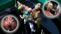 3d blonde_hair futanari hairbun heterochromia ivy_(psychoheaven) leopard_print nixmare_(artist) pasties pole pole_dancing squatting stella_(psychoheaven) sucking sucking_penis