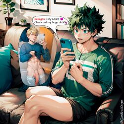 ai_generated bakugou_katsuki big_penis blonde_hair boku_no_hero_academia degradation_text deku gay green green_eyes hair hi_res huge_cock izuku_midoriya katsuki_bakugou male male_focus male_only midoriya_izuku muscular_male my_hero_academia nexusgarden nude_male red_eyes selfie sititng telephone yaoi younger_male