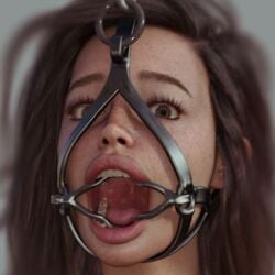 3d abuse agan_medon aganmedon bondage female femsub gag gag_bondage gagged gagging harness_gag masochism open_mouth_gag restrained restraints ring_gag sadism scared scared_expression straps