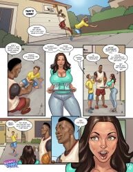 1girls basketball basketball_(ball) big_breasts breasts brown_hair busty cheating cheating_wife cleavage clothed clothing comic dark-skinned_male dark_skin emma's_new_life_(comic) female female_focus hourglass_figure kennycomix light-skinned_female light-skinned_male light_skin long_hair male milf mother mother_and_son older_female page_1 son son_and_mother speech_bubble sport tagme teenage_boy teenager wide_hips yair