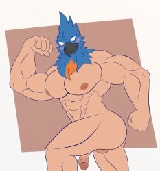 absurd_res animal_head ass avian balls bicep_curl bird bluebird blush eastern_bluebird flexing for_a_head genitals hi_res human lewdfulowl male male_only mammal mask mask_only muscular neptune_mereaux nipples nude oscine passerine penis solo thrush_(bird)