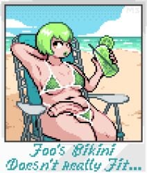 1futa beach bikini casual casual_exposure casual_nudity cock_slip flaccid flaccid_penis foo_fighters futa_only futanari green_hair holding_drink holding_object huge_cock ineffective_clothing jojo's_bizarre_adventure micro_bikini mistshroom mostly_nude ocean penis pixel_art sand skimpy skimpy_bikini solo stone_ocean yellow_eyes