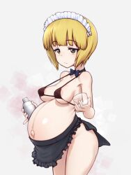 1girls aka8mori belly_button bikini_top blonde_hair brown_eyes cocktail_shaker cutlass_(girls_und_panzer) girls_und_panzer glass maid_headdress necktie pregnant