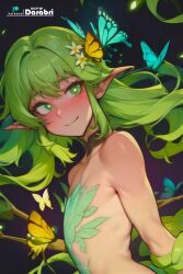 1boy abstract_background absurd_res ai_generated beige_skin blush blush butterfly color colored cute darabri detailed elf_ears femboy feminine_male flower_in_hair flustered girly green_eyes green_hair happy hi_res logo otoko_no_ko outline patreon patreon_logo smile solo solo_focus solo_male trap