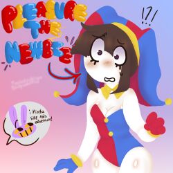 2023 2d 2d_(artwork) 2d_artwork brown_hair female glitch_productions gooseworx jax_(the_amazing_digital_circus) pinup pomni pomni_(the_amazing_digital_circus) shocked_expression tagme text_bubble the_amazing_digital_circus white_skin