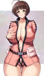 blush cleft_of_venus cowboy_shot cute gigantic_breasts groping_breasts groping_self happy huge_breasts makoto_harada mostly_nude naked_jacket no_bra no_panties revealing_clothes smile space_battleship_yamato_2199 thick_thighs wide_hips