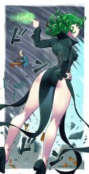 1girls ass clothing green_eyes green_hair kawa-v one-punch_man saitama small_breasts tatsumaki tights tornado