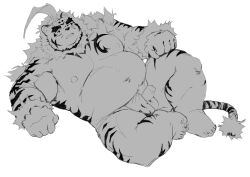 absurd_res anthro balls belly erection felid genitals greyscale hi_res hombre_tigre_(tokyo_afterschool_summoners) lifewonders lying male mammal monochrome musclegut navel nipples on_back pantherine pecs penis solo solo_male speedo_aside tiger tokyo_afterschool_summoners tuokemao