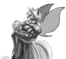 abs anthro biceps big_breasts big_muscles breasts cylnx dress female horn huge_breasts large_breasts large_muscles male muscles muscular muscular_anthro muscular_female pecs wings