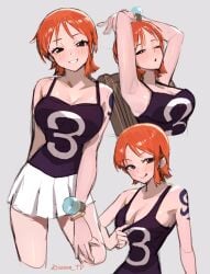 armpits arms_up big_breasts bracelet brown_eyes cleavage female female_only looking_at_viewer nami official_alternate_costume one_piece orange_hair pleated_skirt pre-timeskip short_hair shoulder_tattoo shounen_jump smile solo sooon tank_top tattoo teasing tongue_out water_7