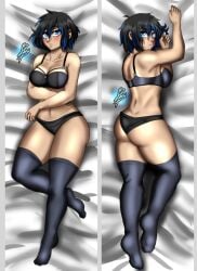 1girls asian black_hair blue_eyes blue_hair blue_legwear blush bri4n500 dakimakura el_diario_de_jonathan female female_only japanese legwear selene_(eddj) short_hair stockings thighhighs two_tone_hair underwear