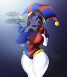 2023 2d 2d_(artwork) 2d_artwork big_breasts big_thighs brown_hair cizerna dialogue dialogue_box female glitch_productions gloves gooseworx huge_breasts huge_cock jester jester_cap jester_costume jester_girl jester_hat jester_outfit penis_shadow pomni pomni_(the_amazing_digital_circus) short_hair surprised sweat sweatdrop sweating the_amazing_digital_circus thick_thighs white_body