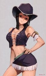 1girls armband black_hair cleavage colored_sketch corset cowboy_hat cowgirl crop_top female female_only fringe_trim hand_on_hip hat looking_at_viewer medium_breasts medium_hair miniskirt miss_all_sunday navel nico_robin no_bra one_piece pre-timeskip shaded_face shounen_jump skirt smile solo sooon vest