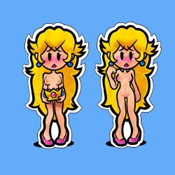 bluhsing blush breasts covering covering_crotch cute embarrassed embarrassed_naked_female embarrassed_nude_female enf female high_heels mario_(series) naked nanojam nude paper_mario paper_peach princess_peach pussy tagme