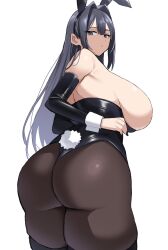 ass ass_focus beauty_mark blue_eyes blue_hair breasts bunny_ears bunny_girl bunny_tail bunnysuit expressionless female huge_ass huge_breasts legwear looking_back pantyhose white_background