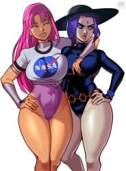 2girls alternate_version_available armwear belt big_breasts black_leotard breasts cartoon_network dc dc_comics female female_only forehead_jewel green_eyes grey_body grey_skin hair hand_on_hip hat headwear hips huge_breasts jerkdibuja koriand'r leotard lips long_hair nasa no_text pink_hair pink_leotard purple_hair rachel_roth raven_(dc) short_hair smile starfire tagme teen_titans teen_titans_go thick_thighs thighs white_background wide_hips