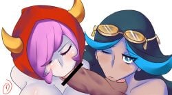 2girls balls bj black_hair blowjob blue_eyes blue_hair blush blushing censor_bar censored_penis closed_eyes courtney_(pokemon) courtney_(pokemon_oras) dark-skinned_female dark_skin fellatio goggles goggles_on_head hood horns interracial jberserk light-skinned_male light_skin long_hair pale-skinned_female pale-skinned_male pale_skin penis pokemon pokemon_oras purple_hair shelly_(pokemon) shelly_(pokemon_oras) signature sucking_balls sucking_penis tongue tongue_out two_tone_hair white_background