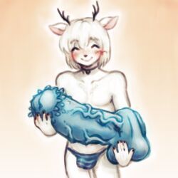 1:1 2023 888g888 ^_^ anthro antlers blush bottomwear bulge choker closed_eyes clothing colored_nails deer dildo freckles freckles_on_chest freckles_on_face freckles_on_shoulders fur gradient_background green_eyes hair horn huge_dildo huge_sex_toy jewelry looking_at_viewer male mammal mori_akino_(888g888) nails necklace painterly pattern_bottomwear pattern_clothing pattern_underwear portrait sex_toy shaded simple_background smile solo solo_focus striped_bottomwear striped_clothing striped_underwear stripes three-quarter_portrait underwear unusual_dildo unusual_sex_toy white_body white_fur white_hair
