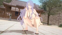 1girls 3d alternate_costume bare_legs bare_shoulders barefoot breasts camilla_(fire_emblem) collarbone covered_nipples female female_only female_pubic_hair fire_emblem fire_emblem_fates gesture grey_bikini grey_swimsuit hair_over_one_eye large_breasts legs long_hair nekomarusan nintendo outdoors pink_eyes pointing pubic_hair pubic_hair_peek purple_hair sandals shoulders smile solo squatting very_long_hair