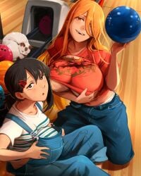 2girls belly big_breasts black_hair blonde_hair bowling_ball breasts chainsaw_man clothing edit feline female_only hi_res higashiyama_kobeni horn huge_breasts khyleri looking_at_viewer looking_back mappa meowy_(chainsaw_man) pants power_(chainsaw_man) pregnant sharp_teeth shirt shirt_lift sleeping suspenders