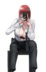 1girls bellone big_breasts black_bra black_pants bottomwear bra bra_down breasts chainsaw_man cleavage female female_only hair huge_breasts lace lace-trimmed_bra lace_trim makima_(chainsaw_man) necktie open_shirt pants phone red_hair shirt solo solo_female topwear white_shirt