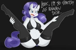 anthro big_breasts blush blushing breasts english_text equine female flutterthrash friendship_is_magic hasbro my_little_pony presenting presenting_pussy purple_hair rarity_(mlp) solo text thigh_highs thighhighs thighs unicorn