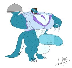 abs anthro ariel1998 arykai_(arykai) big_muscles big_penis big_vein claws dragon facial_hair genitals hi_res horn huge_cock huge_muscles huge_pecs hyper hyper_genitalia hyper_muscles kiuhkobold knot male muscular necktie open_mouth pantsless_anthro penis simple_background solo tail thick_thighs torn_fabric waiter_suit waiter_tray white_background