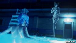 2girls 3d beeg3d blue_eyes blue_hair bracelet brown_hair chloe_price embarrassed embarrassed_nude_female female female/female female_only life_is_strange light-skinned_female max_caulfield naked naked_female necklace nude nude_female pool poolside short_hair skinny_dipping tattoo tattoos wet wet_hair wet_skin yuri