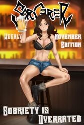 1girls alcohol amenoosa bar bar_(place) beer beer_mug big_breasts boots bra brown_hair cana_alberona english_text fairy_tail female looking_at_viewer magazine_cover purple_eyes short_shorts shorts sitting sitting_on_stool smile solo spread_legs unbuttoned unbuttoned_shorts wavy_hair