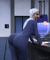 1girls 3d ass big_ass big_butt clothed dark_skin dark_skinned_female hijab leaning_forward looking_at_viewer mole mole_under_eye muslim nishakanti original self_upload tight_clothing tight_pants