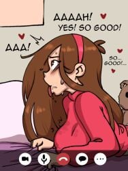 1girls ahe_gao bed bedroom big_breasts blush blushing breasts brown_hair clothed cumming darkeros13 drool drooling eyes_rolling_back female female_only female_orgasm fucked_silly grabbing_sheets gravity_falls hairband happy_female happy_sex heart heart-shaped_pupils hearts implied_penetration implied_sex indoors intense_orgasm large_breasts laying_on_stomach long_hair mabel_pines messy_hair moan moaning offscreen_character offscreen_sex on_bed open_mouth orgasm orgasm_face saliva sheet_grab solo stealth_sex stuffed_animal stuffed_toy sweat sweater teddy_bear thedarkeros tongue tongue_out video_call