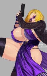 1girls big_ass big_breasts blonde_hair eyeglasses eyewear female female_only gun huge_breasts milf nina_williams purple-tinted_eyewear sunglasses tekken tekken_8 thick_thighs ti_(pixiv473275) tinted_eyewear