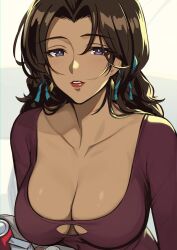 1girls big_breasts blush breasts brown_hair cleavage cleavage_cutout clothing_cutout cowboy_bebop dark-skinned_female dark_skin earrings evan_yang female hi_res human jewelry katerina_solensan large_breasts latina long_hair low_neckline solo white_background