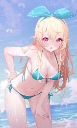 ahoge beach bikini bikini_tan blonde_hair blue_sky breasts cleavage deyui female front-tie_bikini_top front-tie_top green_ribbons hair_ornament hair_ribbon halterneck highres jewelry long_hair looking_at_viewer medium_breasts navel nijisanji nijisanji_en ocean open_mouth pointy_ears pomu_rainpuff red_eyes ribbon ring side-tie_bikini_bottom sky string_bikini swimsuit tan tanlines virtual_youtuber wedding_ring