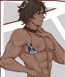 6tyninevehicles abs bikini bikini_top_aside blush brown_hair cow_ears cow_horns cow_print cowbell cowkini dark-skinned_male flustered heathcliff_(limbus_company) limbus_company male male_focus male_only muscular muscular_male nipples project_moon scar tan_body