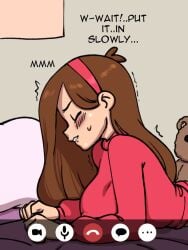 1girls bed bedroom biting_own_lip breasts brown_hair closed_eyes clothed darkeros13 english_text female female_only gravity_falls hairband implied_penetration indoors laying_on_bed laying_on_stomach lip_biting long_hair lying_on_bed mabel_pines moaning offscreen_character offscreen_sex on_bed pillow solo squirming stuffed_toy sweater teddy_bear text thedarkeros trembling video_call