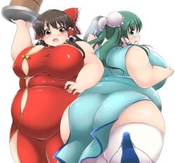 bbw belly_overhang big_belly big_breasts big_butt big_female blush butt chubby chubby_female embarrassed fat fat_ass fat_female fat_fetish fat_girl fat_woman fatty huge_belly huge_butt kurocaze large_butt large_female obese obese_female overweight overweight_female plump pork_chop reimu_hakurei ripped_clothing sanae_kochiya thick_thighs touhou weight_gain