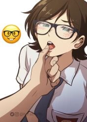 1boy 1girls artist_name blush blush_lines brown_hair buckteeth eyebrows_visible_through_hair eyewear finger_in_mouth freckles glasses green_eyes hand_on_chin harashu hi_res kneeling meme meme_reference nerd nerd_emoji nerd_emoji_girl nerdy_female on_knees open_mouth open_mouth parted_lips school_uniform simple_background submissive submissive_female