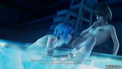 2girls 3d ass beeg3d blue_eyes blue_hair bracelet brown_hair chloe_price english_text female female/female female_only life_is_strange light-skinned_female max_caulfield naked naked_female necklace nude nude_female pool poolside short_hair skinny_dipping tattoo tattoos tease vagina wet wet_hair wet_skin yuri