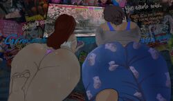 1ststinksfirst 2girls ass big_ass brown_hair d.va dialogue female female_only mei_(overwatch) overwatch overwatch_2 pajamas panties sweat text thick_thighs wide_hips